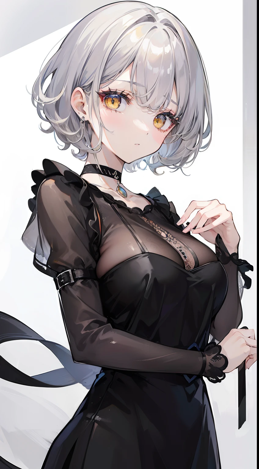 (top-quality、masterpiece、high-level image quality、Super delicate)、((a beauty girl))、(Smooth dull silver hair)、(curly short hair、Long bangs)、Yellow eyes like a brilliant sunset、Black Choker、Black shirt、Idle Streamer、Moderately large breasts、(dark circles under the eyes)、glamor