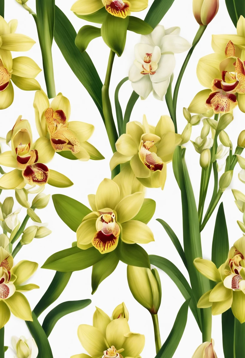 A bunch of cymbidium plant illustrations display vibrant colors with lots of stunning have lush, tender green stems and leaves. These images exhibit a sense of exuberance and vigor. Professionally designed pure white backgrounds make them effortless to key and integrate into a variety of design projects. Produced exclusively for 8K HD packaging design materials, each illustration is rich in detail, offering captivating close-ups that highlight the intricate beauty of this plant.