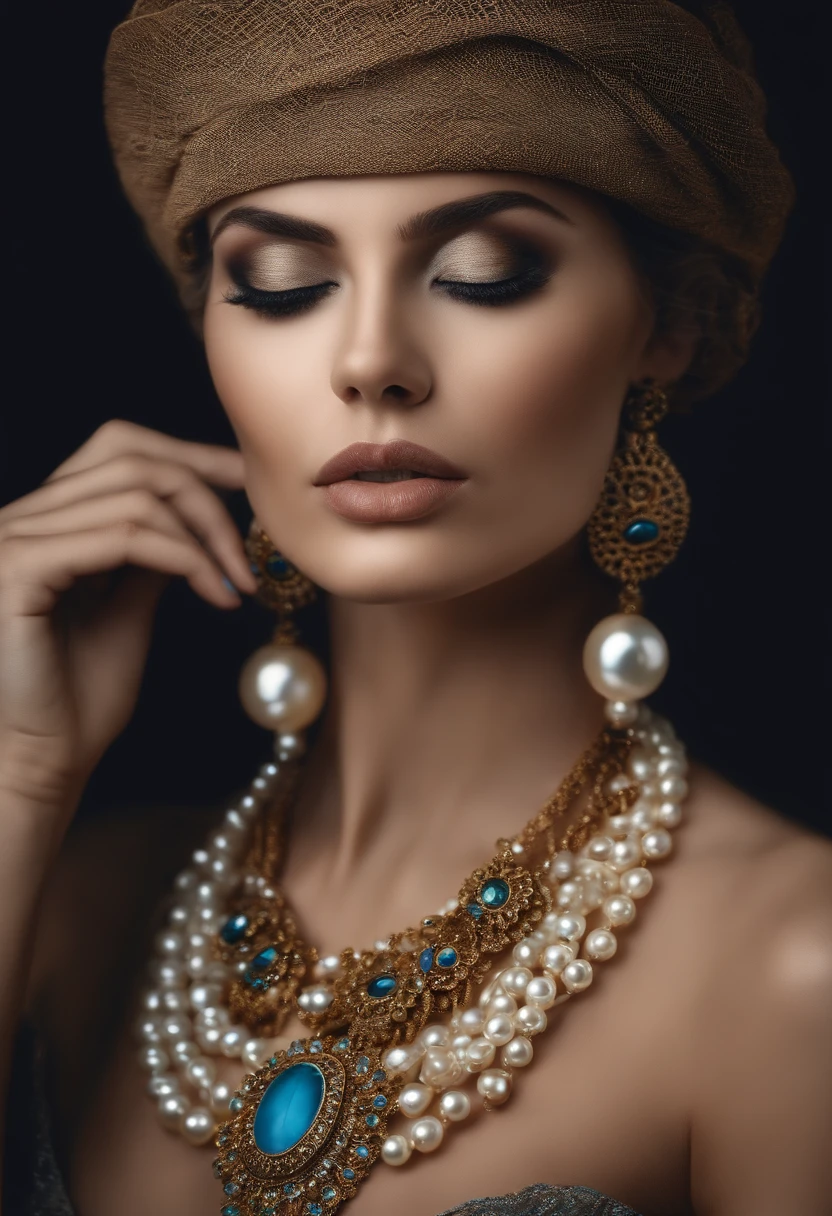 Mulher loira muito bonita com olhos azuis, who wears several large pearl necklaces