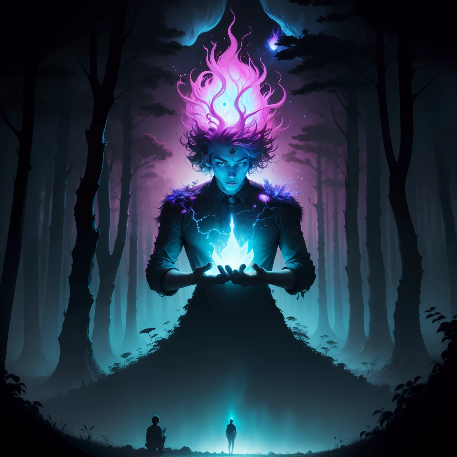 jungle background, man with forest head, connecting with deep earth, psychedelic hallucination, psychedelic art, bioluminescence, abstract painting, spiritual, astral body, silhouette