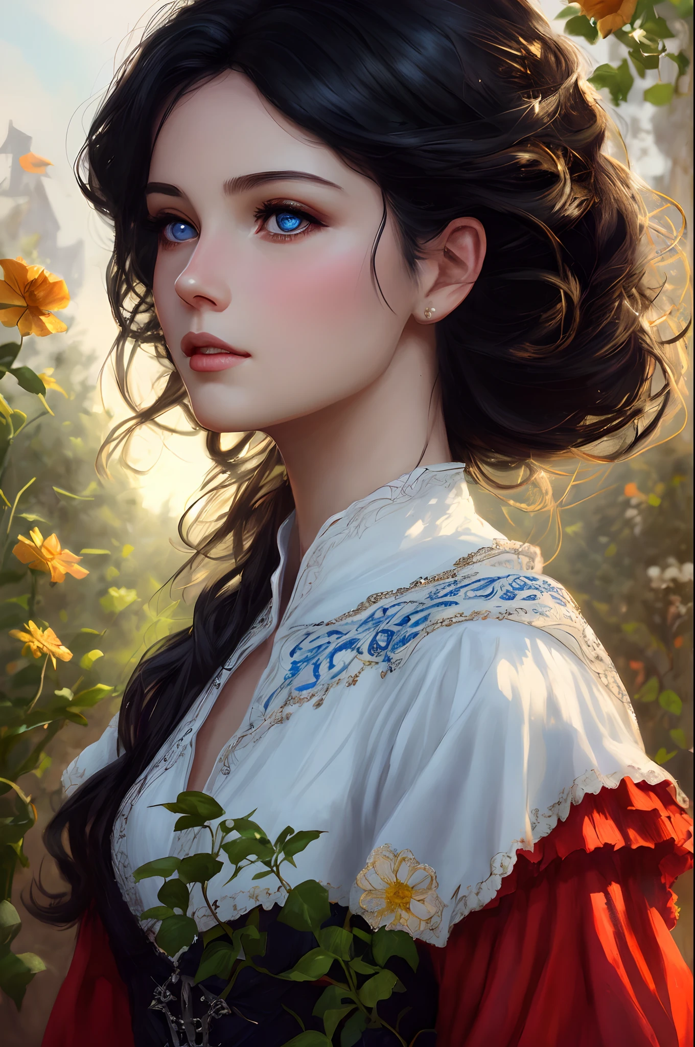 1 girl, grace kelly, blue eyes, pale skin, detailed, beautiful, , black hair, medium, straight and messy hair, detaiiled perfect blue eyes, delicate symmetric realistic and beautiful face, (sunny garden backgroung), medieval lady red dress, full body, masterpiece, fine detail, rich colors, dramatic lighting, extremely detailed, cinematic lighting hyperdetailed painting, luminism, Bar lighting, complex, 4k resolution concept art portrait by Greg Rutkowski, Artgerm, WLOP, Alphonse Mucha, little fusion pojatti realistic goth: a stunning realistic photograph