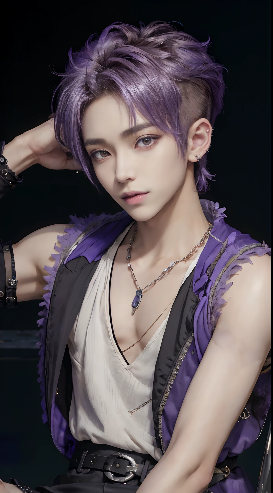 ​masterpiece, top-quality, 1male people, Adults,  ((Black and white fashion plain clothes)), Happiness, tenderness, high-level image quality、nightfall、Korean Male, k pop, Professional Photos, Vampires, Fedoman with necklace, inspired by Sim Sa-jeong, androgynous vampire, :9 detailed face: 8, extra detailed face, detailed punk hair, ((eyes are brown)) baggy eyes, Seductive. Highly detailed, semi realistic anime, Vampires, hyperrealistic , delicate androgynous prince, imvu, short hair above the ears, Man with short hair, ((Purple hair man with wild expression)), ((Man with short hair in bright purple)), ((Only one man))