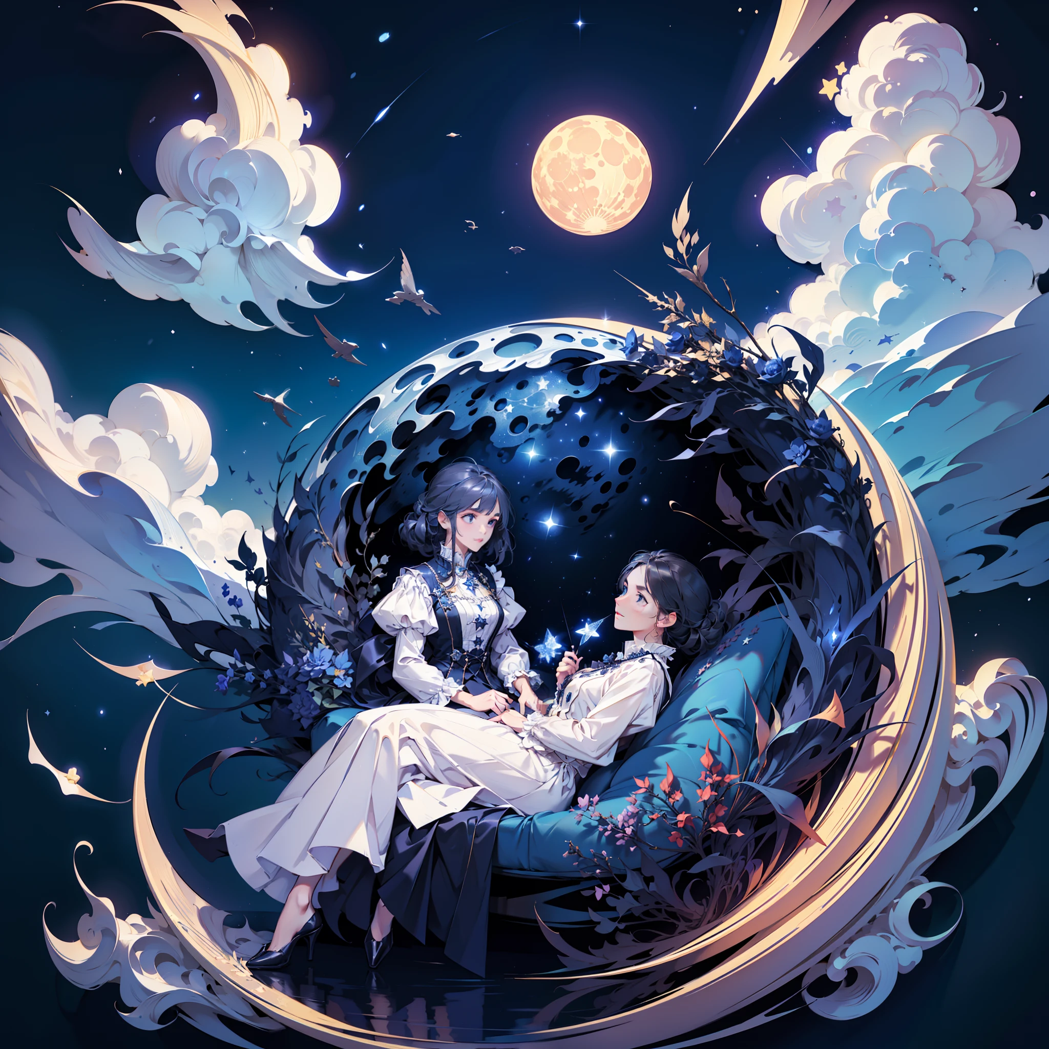 (Paper cut art style,)(Best picture quality, 4k,8k, high quality, masterpiece :1.2), super detail, Starry night view with moon and clouds in one frame, baroque painting. star lit sky, calm evening. Digital illustration, detailed dreamscape, stary night painting, dreamy night, dreamlike illustration, Stars and paisley fill the sky, The moon and stars, moonlit starry sky environment, magic fantasy highly detailed, dreamy and detailed, big moon and stars in the sky