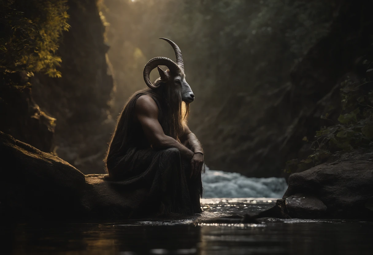 Painting of a goat with horns sitting in a cave with a river, Horned God, an ominous fantasy illustration, in style of dark fantasy art, Charon the smuggler of Hades, par Yoann Lossel, River Styx, fantasy genre portrait, Art de la dark fantasy, Tom Bagshaw Weta Studio, fantasy artrealistic painting, Guardian of the sacred lake