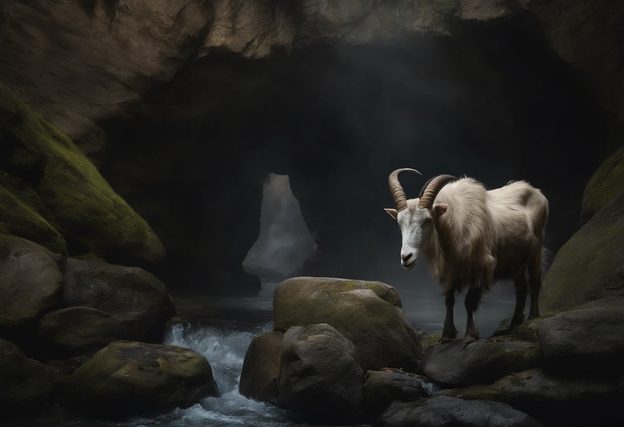 Painting of a goat with horns sitting in a cave with a river, Horned God, an ominous fantasy illustration, in style of dark fantasy art, Charon the smuggler of Hades, par Yoann Lossel, River Styx, fantasy genre portrait, Art de la dark fantasy, Tom Bagshaw Weta Studio, fantasy artrealistic painting, Guardian of the sacred lake
