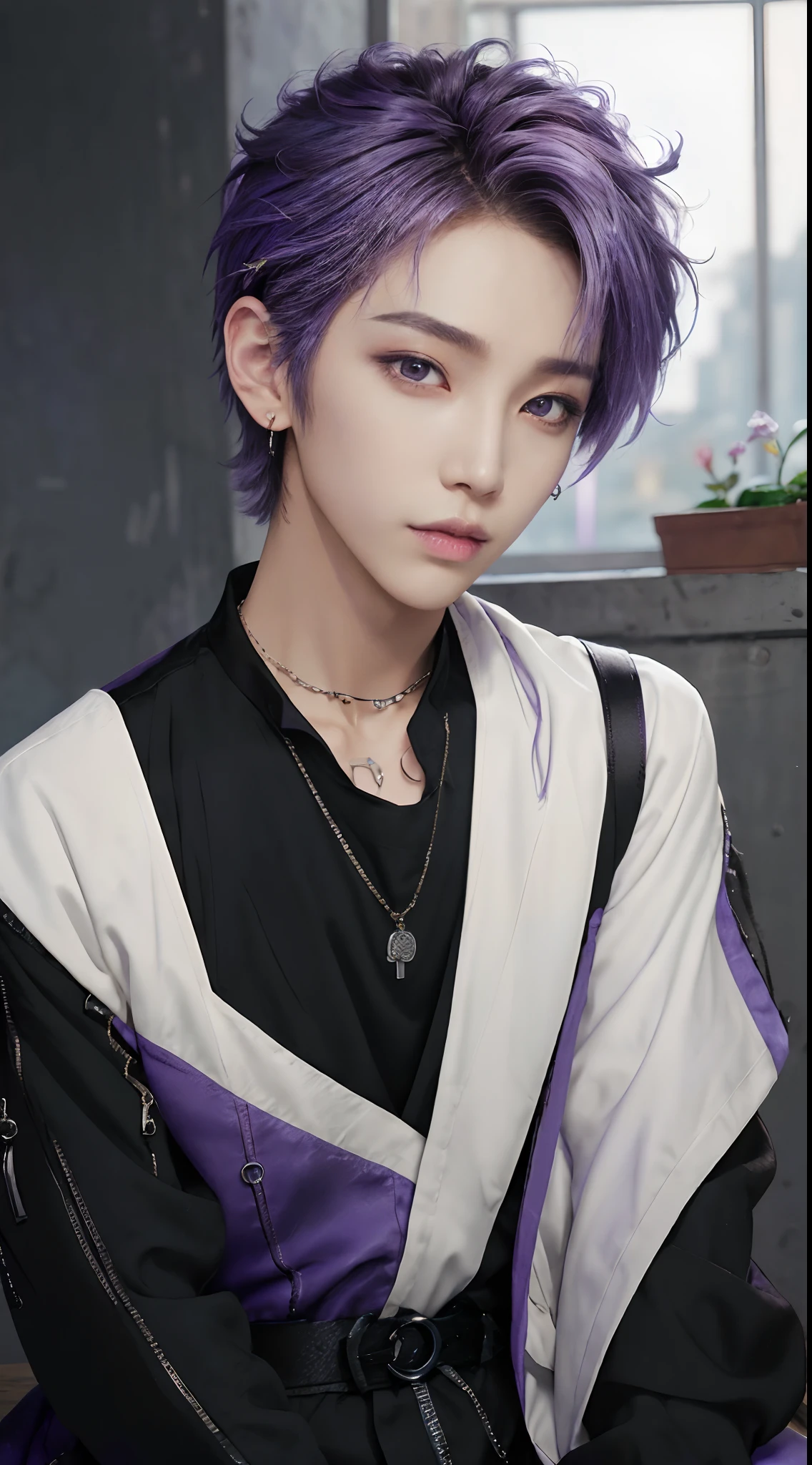 masterpiece, top-quality, 1male people, Adults, ((Black and white fashion plain clothes)), Happiness, tenderness, high-level image quality、nightfall、Korean Male, k pop, Professional Photos, Vampires, Fedoman with necklace, inspired by Sim Sa-jeong, androgynous vampire, :9 detailed face: 8, extra detailed face, detailed punk hair, ((eyes are brown)) baggy eyes, Seductive. Highly detailed, semi realistic anime, Vampires, hyperrealistic , delicate androgynous prince, imvu, short hair above the ears, Man with short hair, ((Purple hair man with wild expression)), ((Man with short hair in bright purple)), ((Only one man))