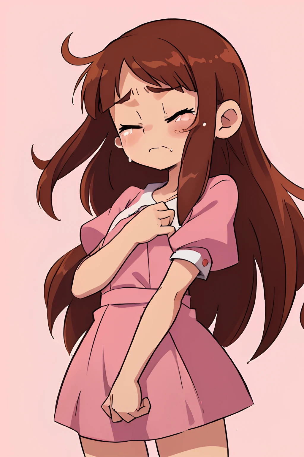 ((beste-Qualit, tmasterpiece)),
a 1girl, Long brown hair, Straight bangs, With your eyes closed, Pink dress with white sleeves, Girl crying, clenching his hands on his chest into a fist, stands right on a nuclear-green background