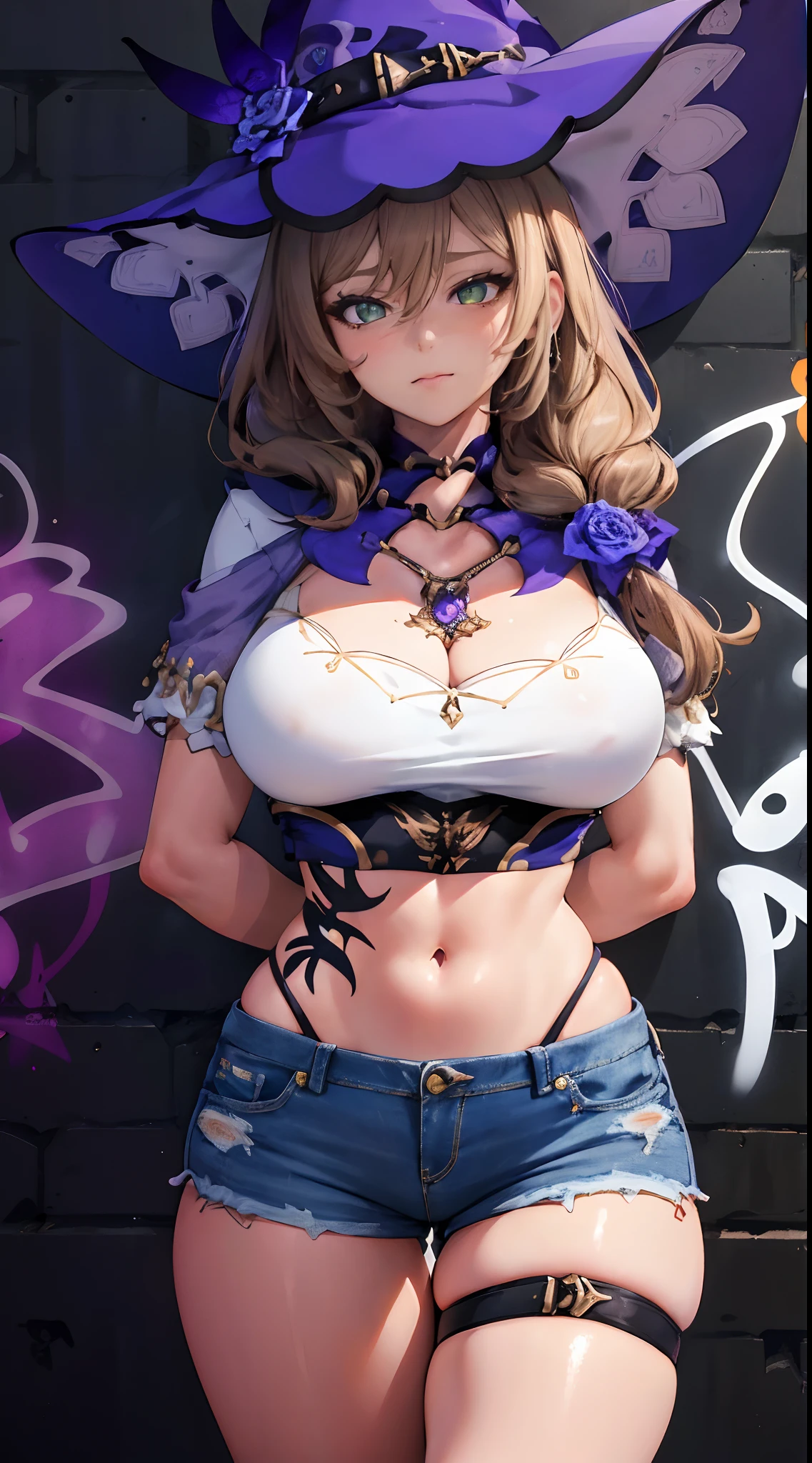 Lisa|genshin impact, master-piece, bestquality, 1girls,25 years old, shorts jeans, oversized breasts, ,bara, crop top, shorts jeans, choker, (Graffiti:1.5), Splash with purple lightning pattern., arm behind back, against wall, View viewers from the front., Thigh strap, Head tilt, bored, water eyes,