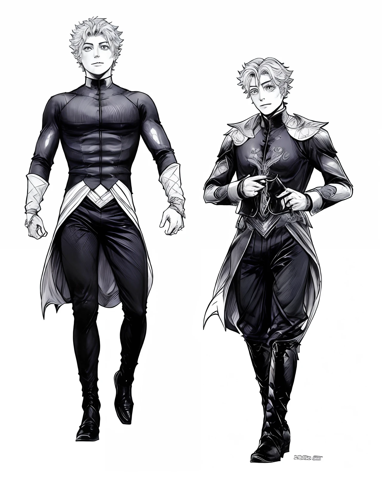 um desenho de dois homens com roupas pretas e roxas, arte conceitual oficial, novo conceito de figurino, conceito de corpo inteiro, Arte Oficial, estilo anime jojo, Akehiko Inoue e Ross Tran, arte oficial do personagem, sem texto, Sirius A e Sirius B, Edmund Blair e Charlie Bowater, arte conceitual colorida, Charlie Bowater e Mark Brooks, Omni Man vs Invincible