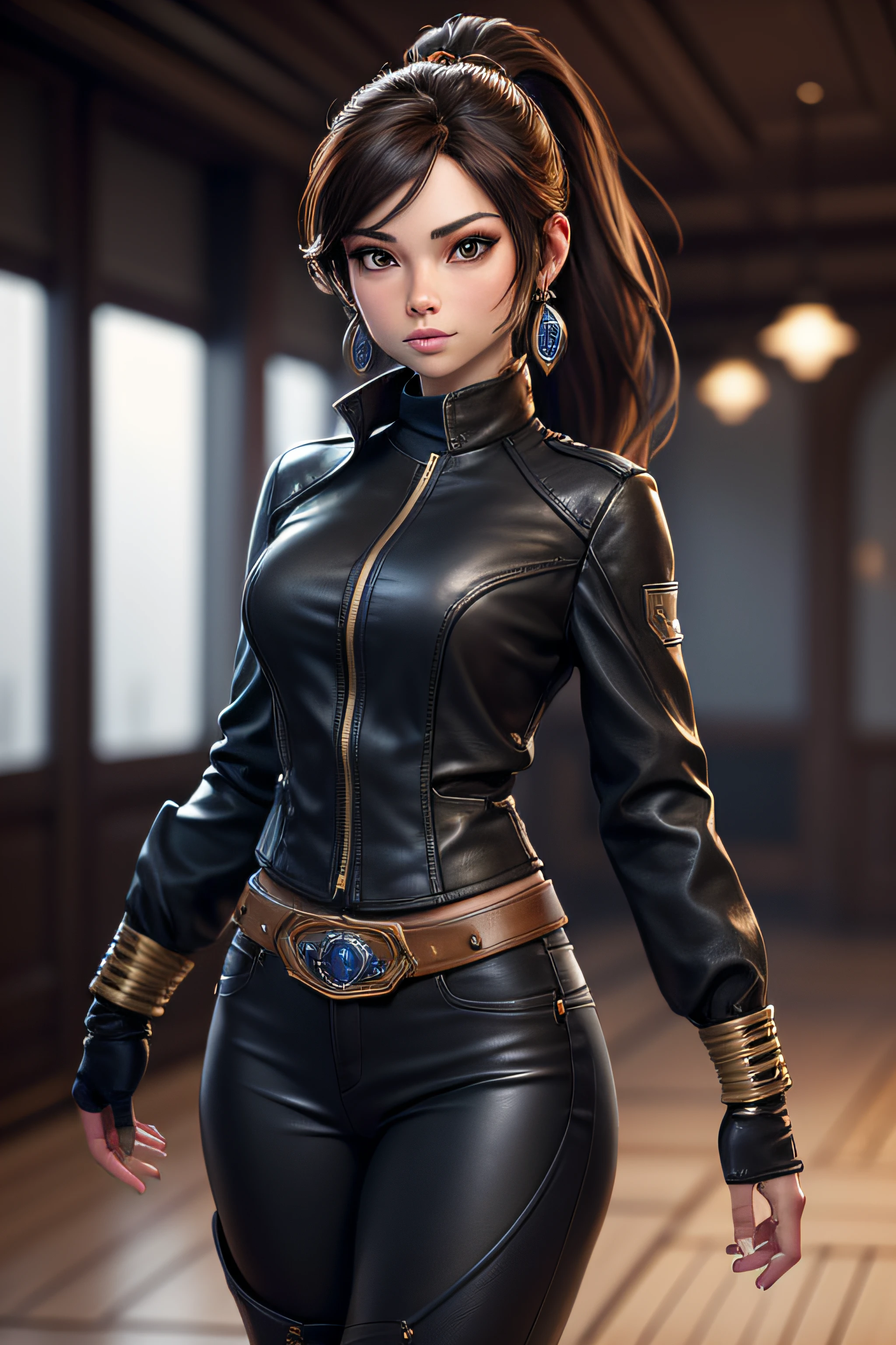 masterpiece, Best quality, profondeur de champ, cinematic light. 1Kristin Kreuk, brunette, yeux verts, ponytail, en blouson de cuir jaune et pantalon en cuir noirs, avec des jolies bottes en cuir rouges. dans une salle de poker. ombre profonde, ((Regarder le spectateur)), (blurred background),(without people in the background:1.3), Beautiful earrings, Bracelets, sein ouvert, very slim, seins moyens.