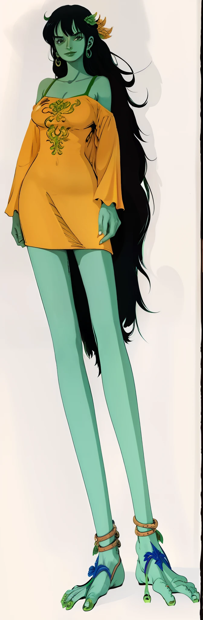 Menina verde, pele verde, dragon's feet, alta, cabelo longo, mulher verde.