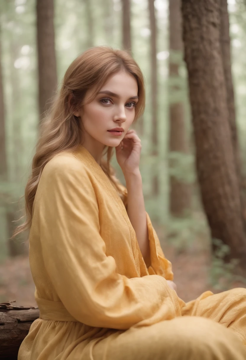 Photo of a beautiful girl in her 20s,Wearing ordinary pajamas on a long yellow cloth, Sit on logs in the misty forest, Rich yellow hair, Thick bangs, Beautiful eyes that sparkle, Symmetrical beautiful face, Cute and innocent face, nomake-up, Unadorned, filmgrain, Fantastic photos, concept photo, Emotional photography, Film photography, photograph realistic, hentail realism, Sharp focus, 14k, highly detailed, CG Society, ultra-definition, Very fine particles, Dusty photos, Grain filter