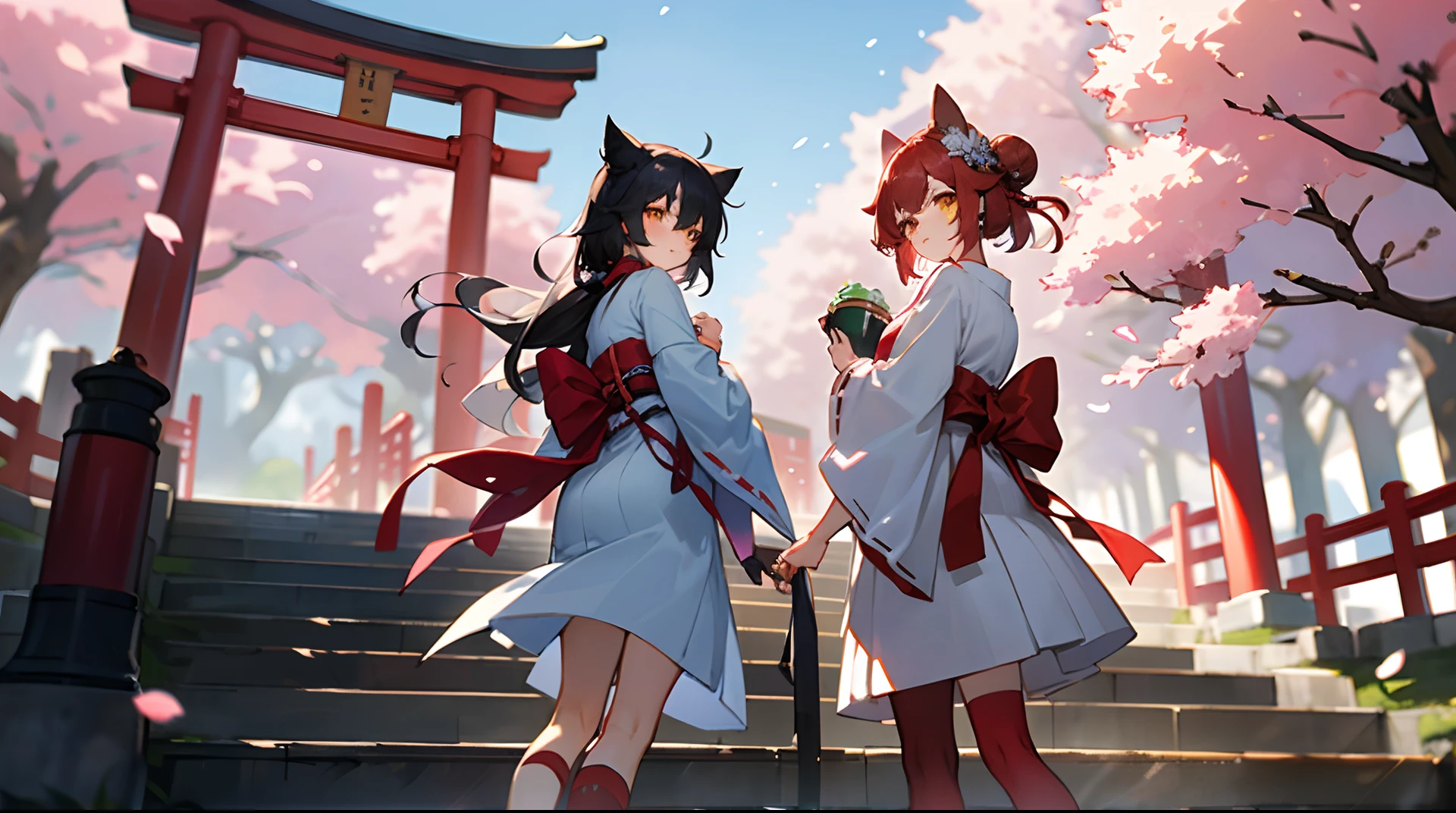 ((Masterpiece,Best quality)),Outdoors, Red torii, tree,  stairways,, 2girls, miko,miko, view the viewer, Looking back,, red legwear, Red ribbon, Black hair,Cherry blossoms, day, flower, hair-bun, Hair ribbon, Japanese clothes, komono, Long hair, Cat ears, Small flowers，, Multiple girls,  Red eyes, Red hair, ribbon, sandals, single hair bun, standing,Clogs sandals,White kimono, Yellow eyes,Sparkle,upper legs,