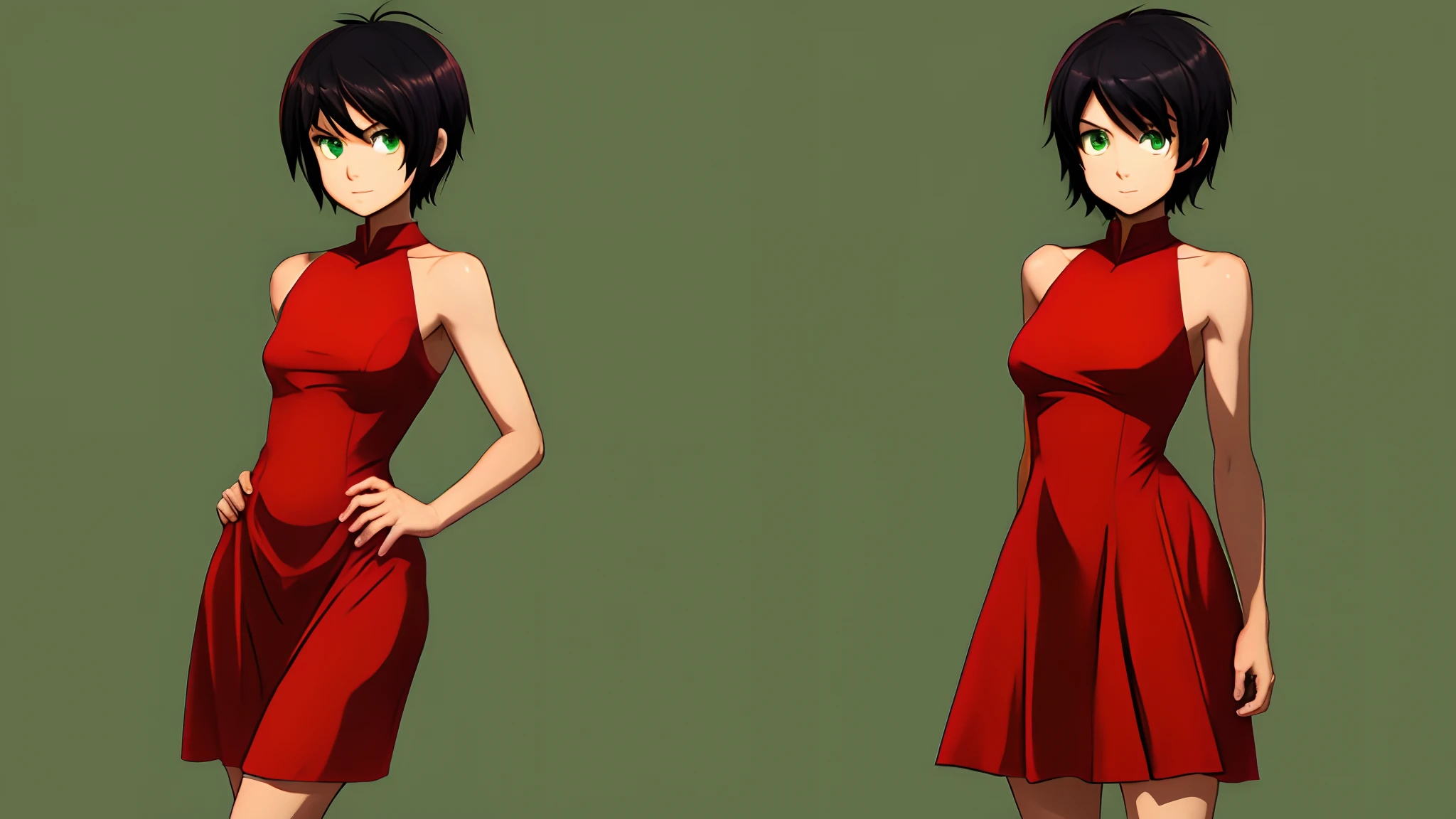 A character with short hair and green eyes is dressed in a red dress on a green background