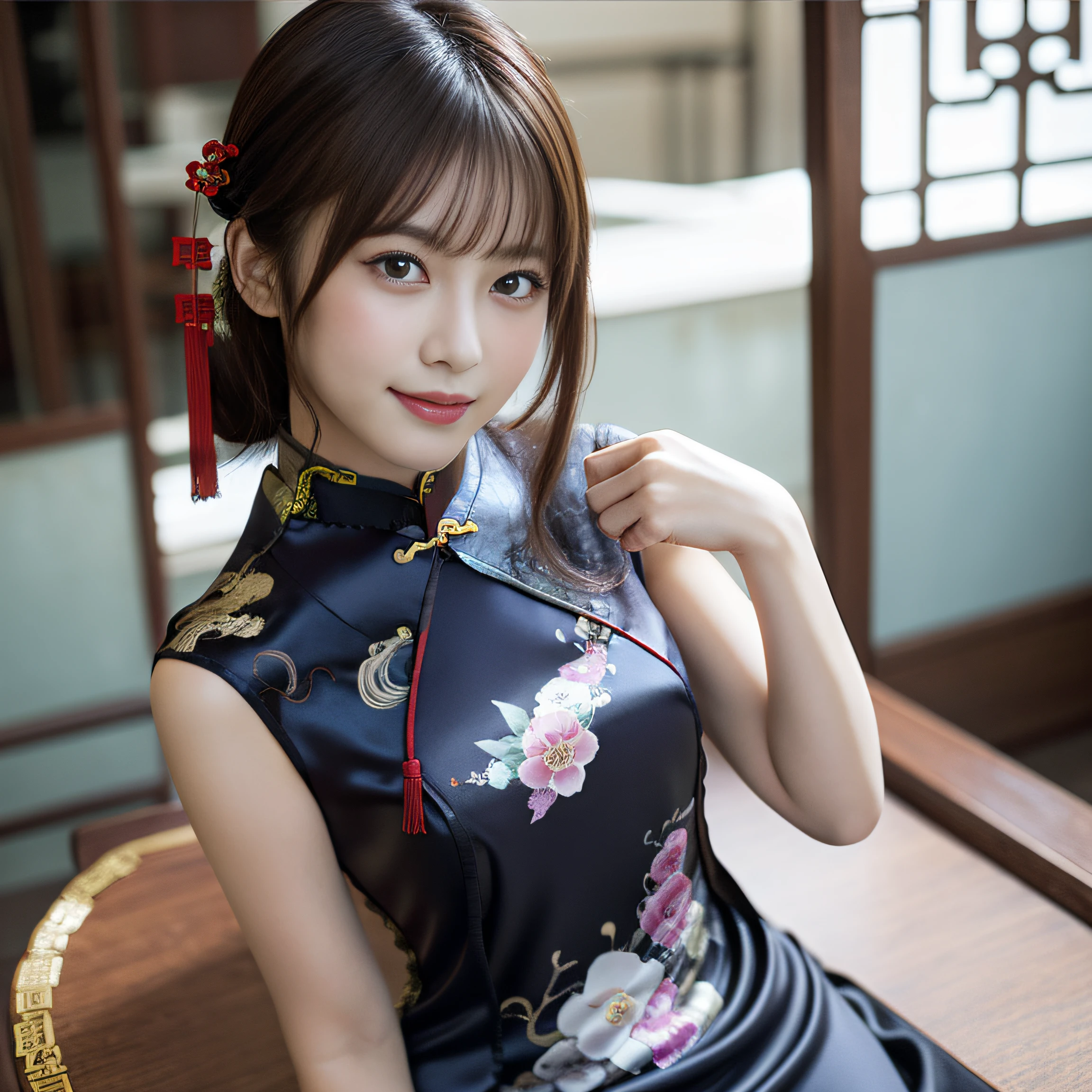 in 8K,Best Quality:1.4, 超A high resolution:1.5, (Photorealistic:1.4),masterpiece:1.2,(top-quality:1.4)、 Raw photo、 1a japanese girl、 Cute、middlebreasts:1.5、 (Solo:1.8)、Chinese Restaurant、 (Shy smile:1.3), Smooth skin、30-years old:1.5、Beautiful black eyes、natural skin textures:1.3, realistic eyes and face details:1.8、 (Brown medium hair,Bangs), (touch hair:1.4)、nogizaka、 (cheongsam clothing:1.5)、Supple fingertips、Beautiful black eyes、natural skin textures:1.3, realistic eyes and face details:1.7、gazing at viewer、FULL BODYSHOT:1.8、beauty legs、gravure、attractive girl、thighs thighs thighs thighs、is standing、At work