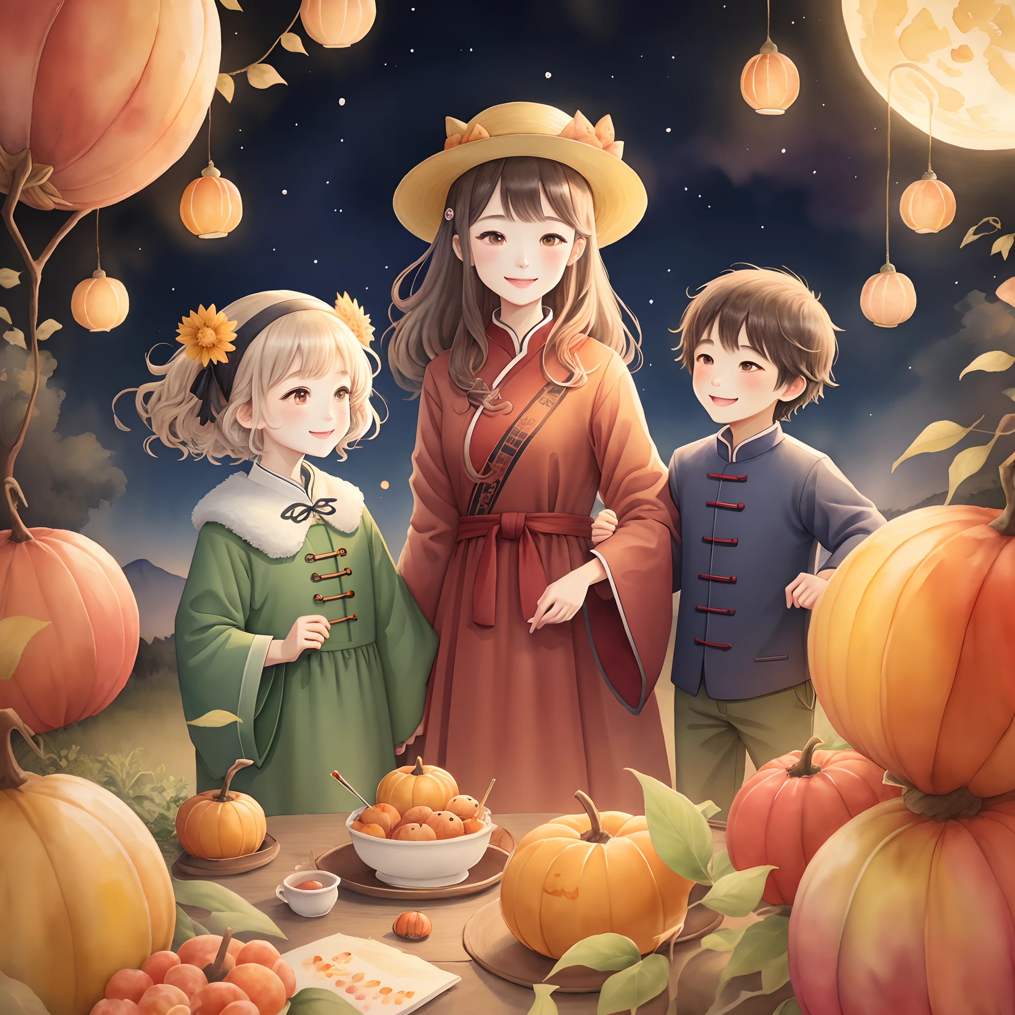 Illustration Watercolor Mid-Autumn Festival Family Happy