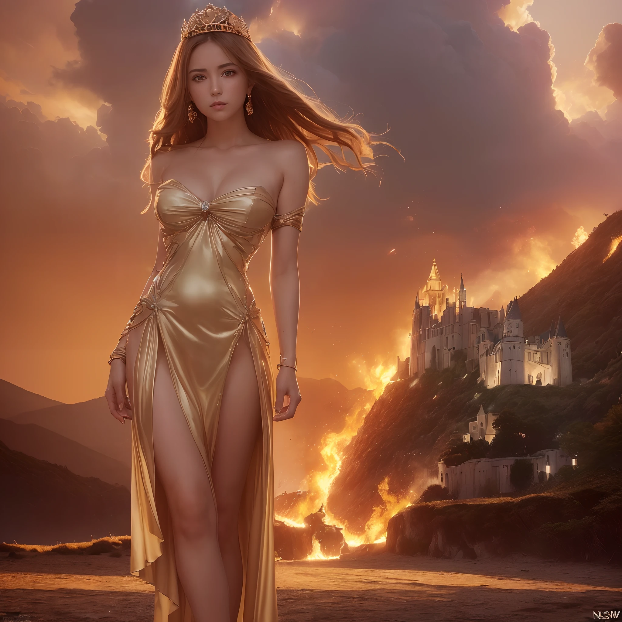 (((nffsw))), (((masutepiece))), (((8K))), (((hight resolution))), (((surrealism))), (((Cinematic lighting))), god rays, Zoom Layer, (((FULL BODYSHOT))), F/4.0, canon, Shiny skin,Detailed skin,Detailed face, Detailed eyes, Beautiful princess, Old castles in Italy, Burning around her, Beautiful royal dress burning, a golden tiara