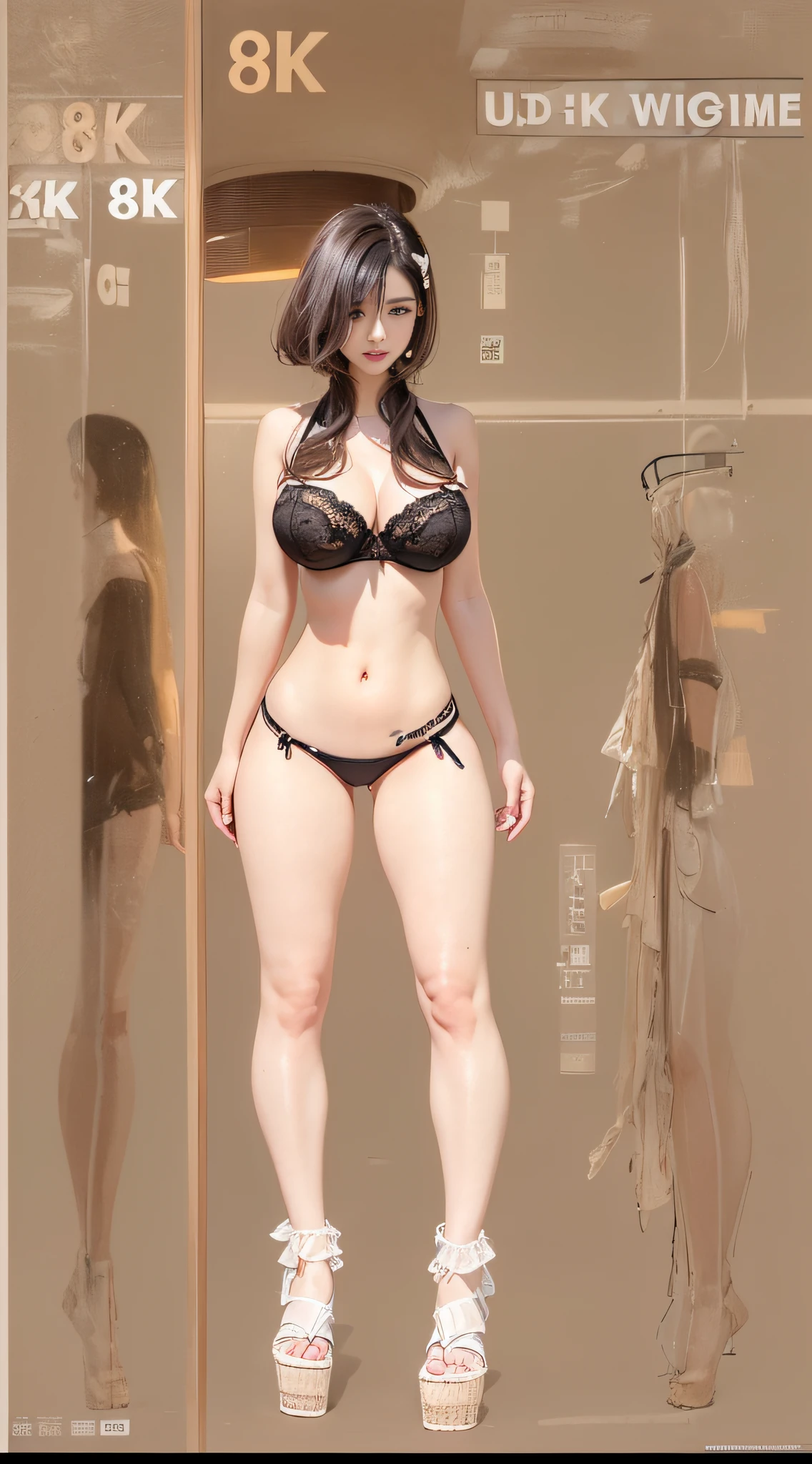 ((midynight, Need, 8K, tmasterpiece:1.3)), full bodyesbian, Long legs, Focalors:1.2, perfect figure beautiful woman:1.4, Slim abs:1.1, ((Dark brown hair, huge :1.2 )), (Lingerie transparent, transparent , standing on your feet:1.2), ((urban street scene, the roof:1.3)), Highly detailed facial and skin texture, A detailed eye, 二重まぶた