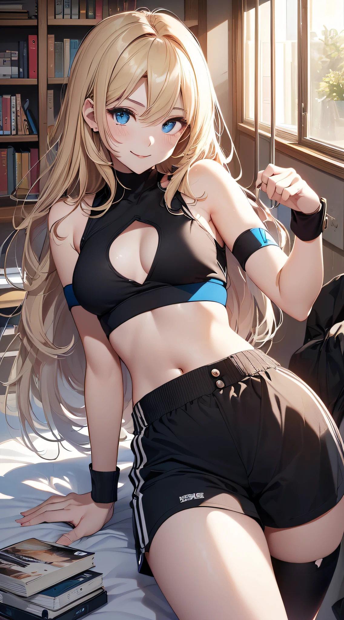 top-quality、Top image quality、masterpiece、girl with((18year old、Black Sports Bra、Black shorts、Best Bust、Bust 85、a blond、Unkempt long hair、Blue eyes、open chest wide、Valley、Happiness、Black wristband on wrist、A slender、耳Nipple Ring、The wind blows,Gestures that invite viewers、Downer Look、Smile、laying on top of bed))hiquality、Camera Film Style、Background with((Nice and clean room.、a bed))、Depth(The table、DVR、bookcase)masutepiece、cool style、Elaborate design、visualart