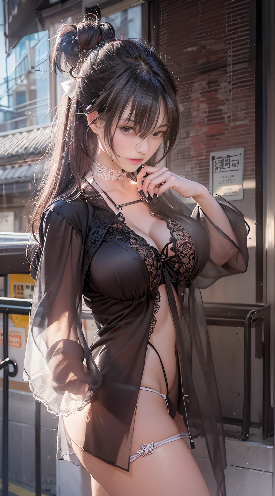 ((midynight, Need, 8K, tmasterpiece:1.3)), full bodyesbian, Long legs, Focalors:1.2, perfect figure beautiful woman:1.4, Slim abs:1.1, ((Dark brown hair, huge tit:1.2 )), (Lingerie transparent, transparent panty, standing on your feet:1.2), ((urban street scene, the roof:1.3)), Highly detailed facial and skin texture, A detailed eye, 二重まぶた