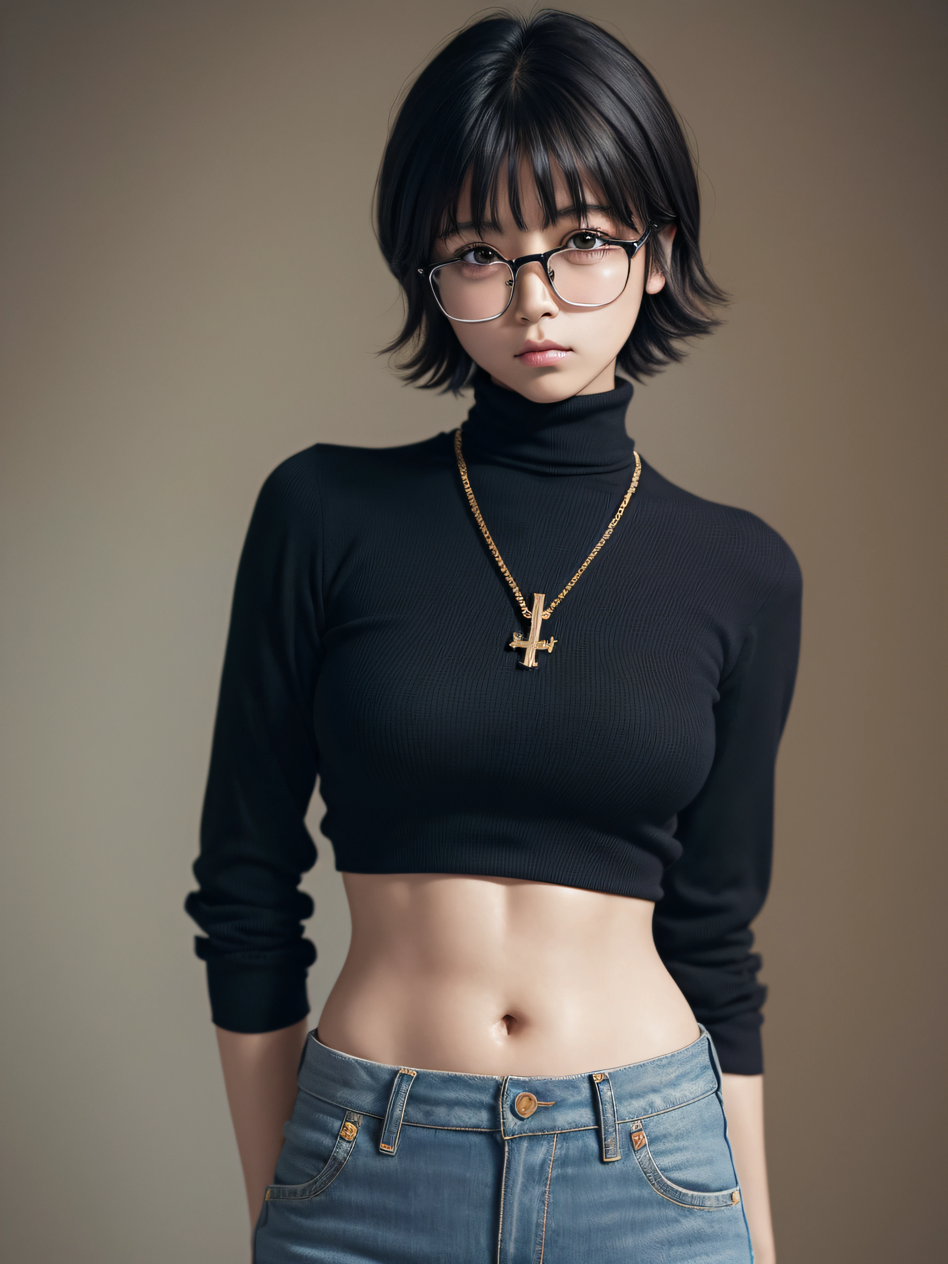 (masterpiece, best quality:1.2), cowboy shot, solo, 1girl, shizuku murasaki, expressionless, looking at viewer, arms behind back, short layered hair bangs, brown eyes, big square glasses, black turtleneck, petite, jeans, exposed belly, cross necklace