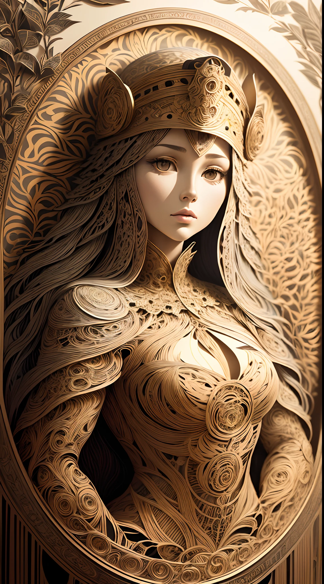 (a girl,Alphonse Mucha psychedelic art,paper-cut,solo,girl made up of paper art:1.45),paper illustration,The starry sky of Van Gogh,landscape,mandala,flowers,branch,tunnel,meanders,scales solar disk,rope,The artistic style of Paper Cuttings and origami,paper sculpture,Paper cutout,Paper quilling,(Origami:1.25),Layered paper,Papier-mache,multi dimensional paper cut craft,
