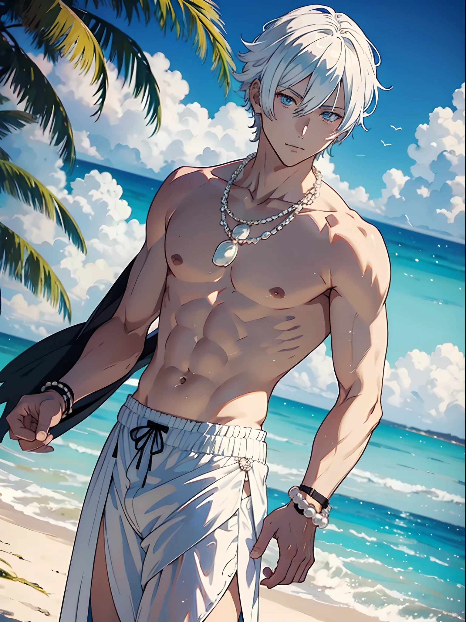 anime guy, sexy, white hair, pearl jewelry, shells, beach