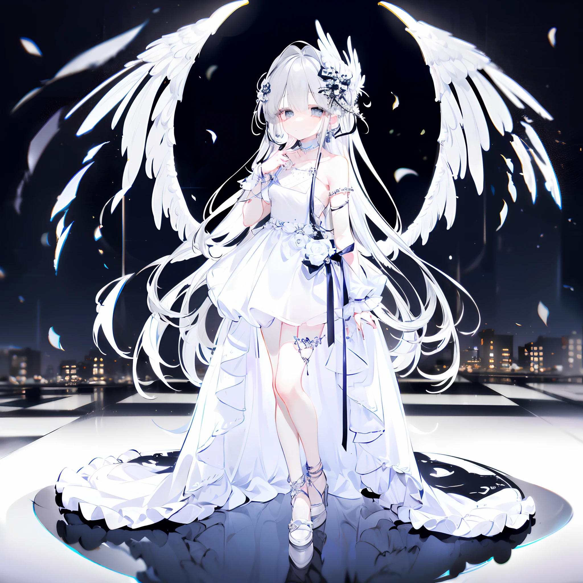 1girl, solo, long hair, silver hair, blind, grey eyes, full body, shoes, ((masterpiece, best quality, highest quality)), dress, white dress, outdoors, building, angel wing, shattered wings, choker, petite, standing