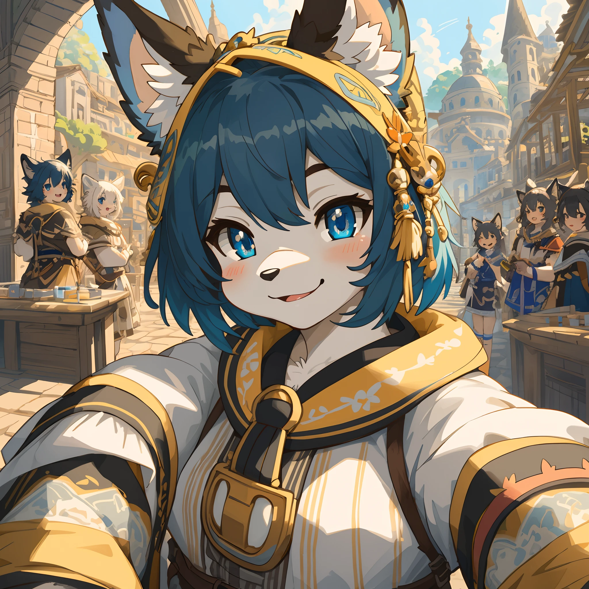 top quality, best quality, High-quality illustrations, masterpiece, super high resolution, detailed background, detailed background, World Heritage Site, 6+boys, 6+girls, Happy, joyful, absurdres(highly detailed beautiful face and eyes)perfect anatomy(Photos of solo travelers)(kemono, furry anthro)selfie,