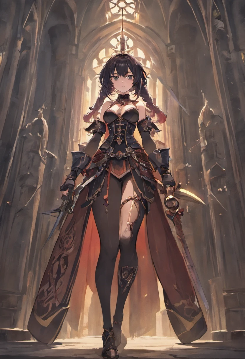 ((masterpiece, best quality)), 1girl, ((mature female)), (medium breasts), ((dark elf)), cleavage, curvy, thick thighs, fantasy, wide hips, thin waist, midriff, thigh strap, ((sword tied at waist)), beautiful detailed gothic black corset, thigh boots, adventurer, wearing armour, standing, against wall, in the medieval architecture streets