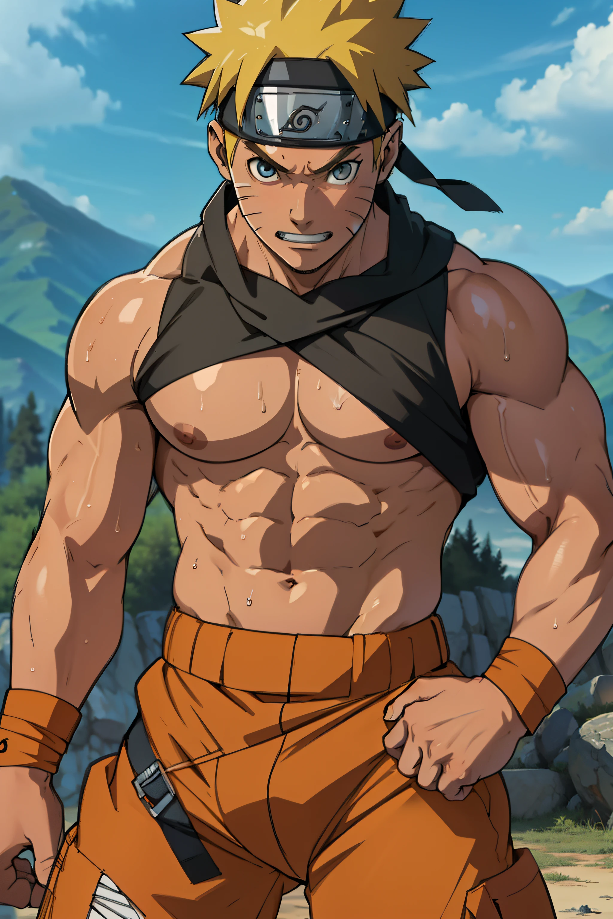 (photo subject: Close-up of muscular thigh muscles ) (photo angle from bottom up)(Drawings of Naruto anime) (photo angle from the ground upwards) [Anime photo][highest quality photo][4k,HD photo quality] ( wearing tight triangle underwear )( thigh muscles  snake, muscular thighs, sinewy thighs) ,Uzumaki Naruto fun, happy,bodybuilder,bodybuilding, standing, red skin,reddish brown skin, lots of sweat flowing down, topless, shirtless, hot sunny, (do not wear banners,do not wear headbands)