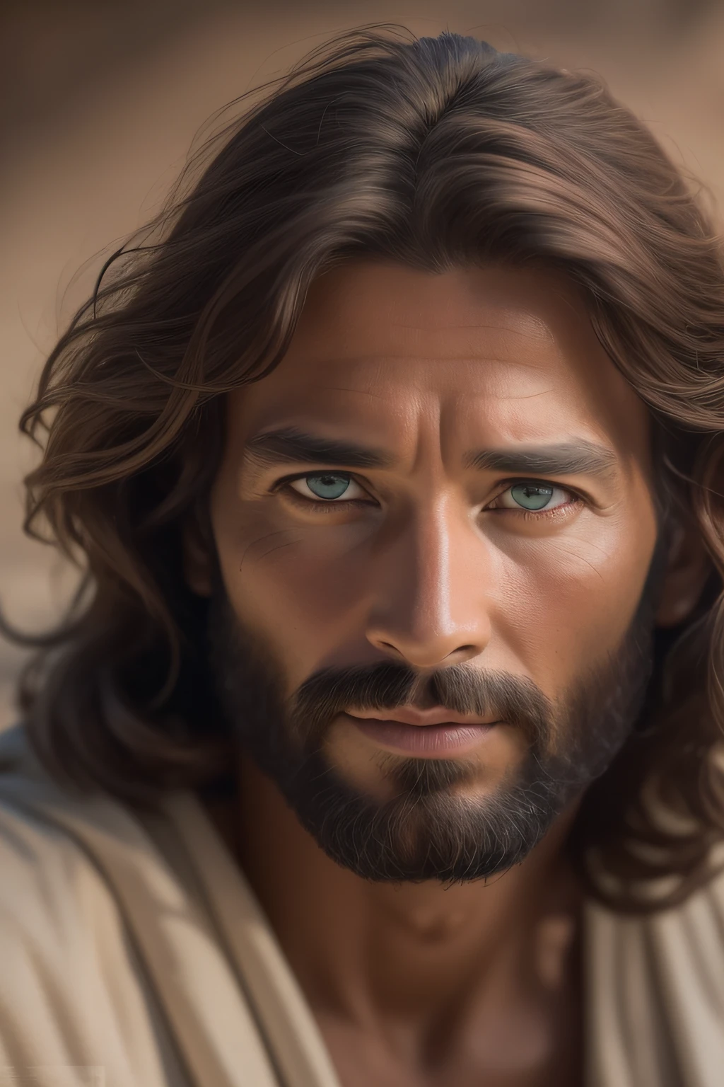 Gere uma imagem de Jesus estilo realista, com fundo do paraiso, olhando para frente .com  cabelos pretos barba. His eyes are kind and expressive,, garanta que a imagem seja de alta qualidade e rica em detalhes, capturing the essence of Jesus , pele altamente detalhada: 1,2 8k uhd , 20MP, Fujifilm XT3, 80mm