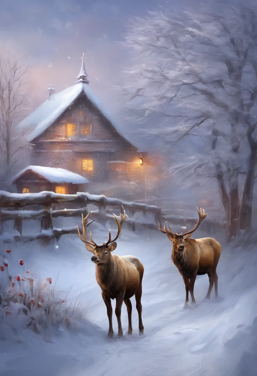 tmasterpiece,Best quality at best,high high quality,the Extremely Detailed CG Unity 8K Wallpapers,Draw winter scenes,Illustration style,Two children building snowmen in front of the house,santa,elk,sled,Oyuki,The entire scene is covered in snow。digital illustrations,复杂,Uptrend,pastel colour,oil painted,award winning photography,Bokeh,depth of fields,hdr,blooms,color difference,真实感,The is very detailed,trends in art station,CGSociety trends,复杂,high detal,dramatics,Midjourney Art
