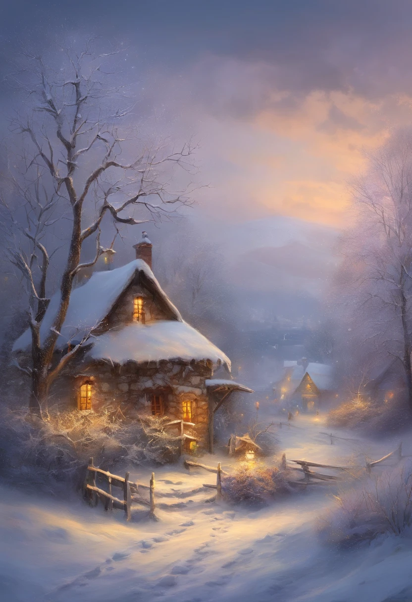 tmasterpiece，Best quality at best，high high quality，the Extremely Detailed CG Unity 8K Wallpapers，Draw winter scenes，Illustration style，Two children building snowmen in front of the house，santa，elk，sled，Oyuki，The entire scene is covered in snow。digital illustrations，复杂，Uptrend，pastel colour，oil painted，award winning photography，Bokeh，depth of fields，hdr，blooms，color difference，真实感，The is very detailed，trends in art station，CGSociety trends，复杂，high detal，dramatics，Midjourney Art