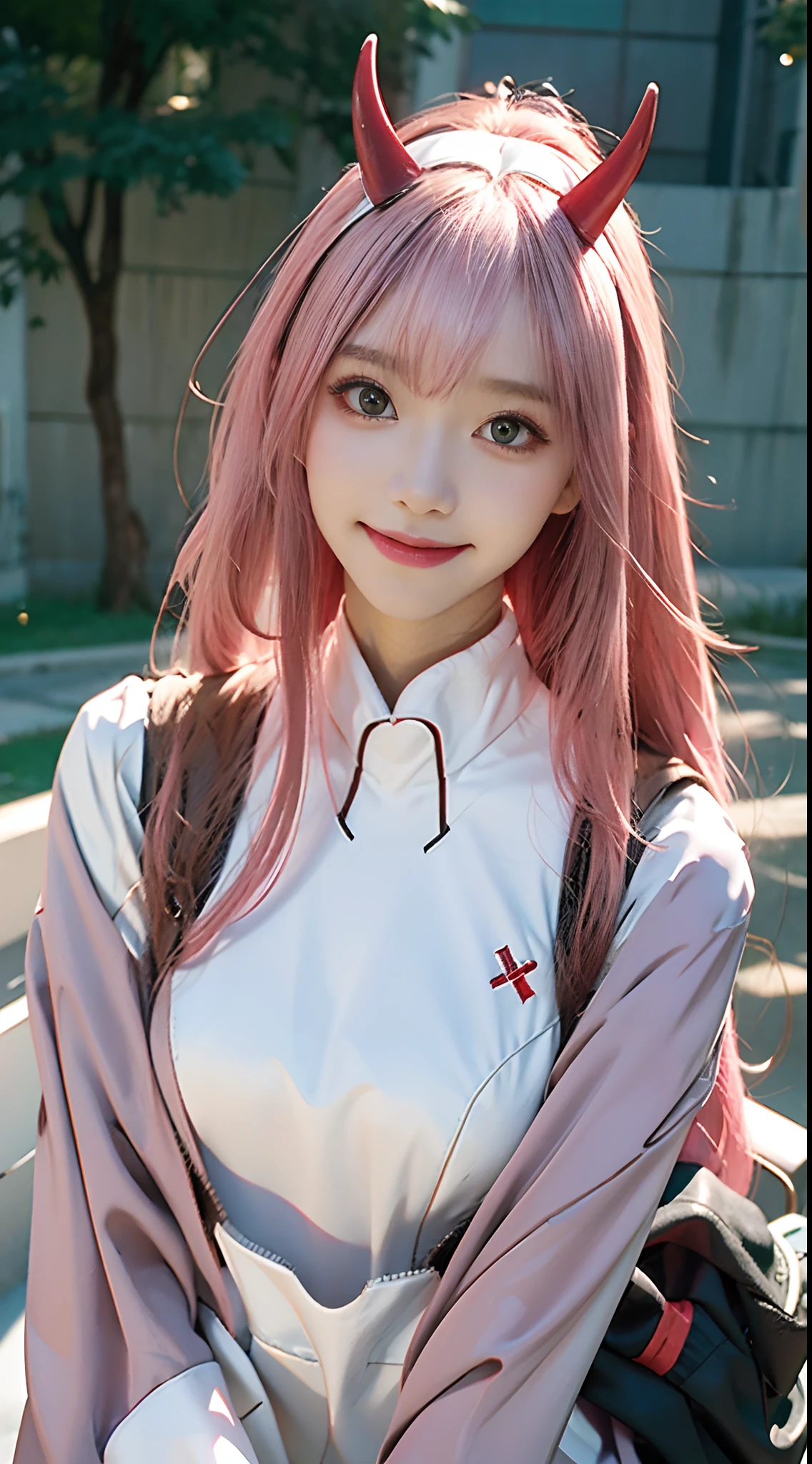 Zerotwo \(darling on franxx\), darling on franxx, 1girll, rim, self-shot, Smiling, Biting, black shadows, Green eyes, hair behind head, Horns, Long hair, Makeup, Small breasts, pilotsuit, White bodysuit, Pink hair, Red eyeshadow, Science fiction, taut skin, Solo