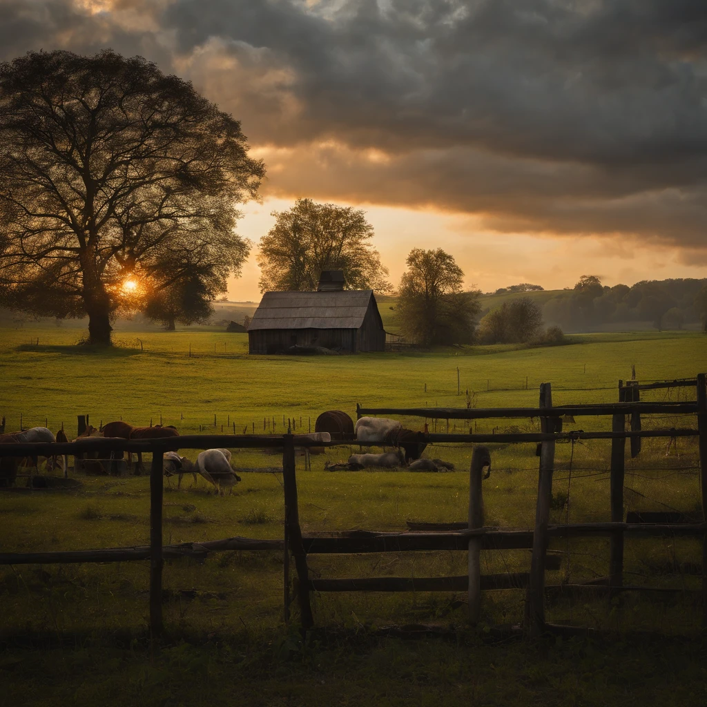 Rural setting, sunset, golden hour, a small farm in the background, rich in details, breathtaking, and photorealistic.