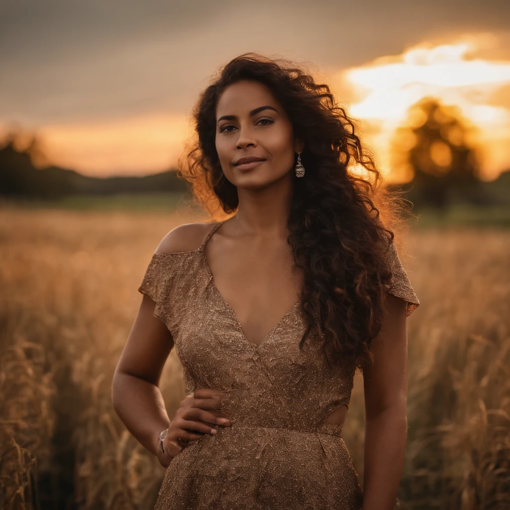 Rural setting, sunset, golden hour, a small farm in the background, rich in details, breathtaking, and photorealistic.