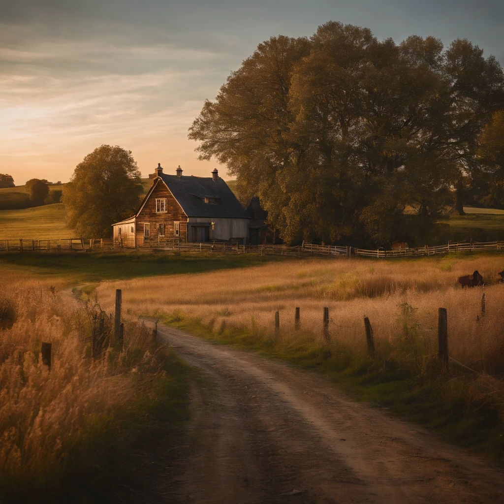 Rural setting, sunset, golden hour, a small farm in the background, rich in details, breathtaking, and photorealistic.