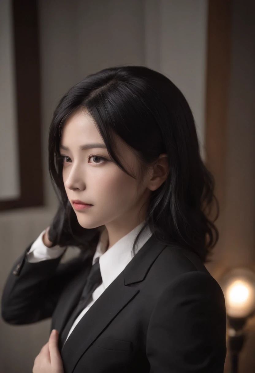 Painting of a woman in a suit and tie with her hands on her head, sui ishida with black hair, 1 7 - year - old anime goth girl, black and white manga style, Junko Enoshima, ( ( ( yoshinari yoh ) ) ), & Her expression is solemn, nezuko-chan, style of junji ito