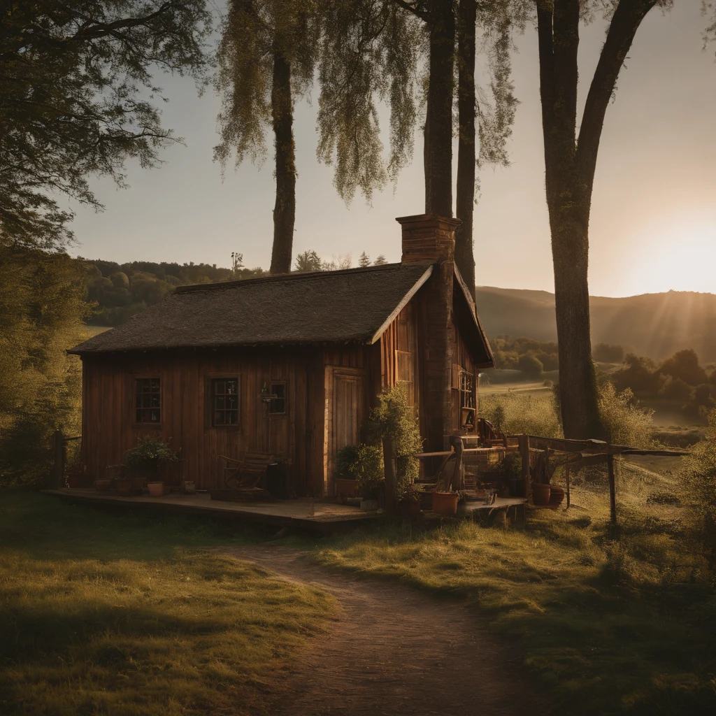 (best quality,4k,8k,highres,masterpiece:1.2),ultra-detailed,(realistic,photorealistic,photo-realistic:1.37),rural setting,sunset,golden hour,a small farm in the background,rich in details,breathtaking,landscape,portrait,dreamy colors,warm lighting
