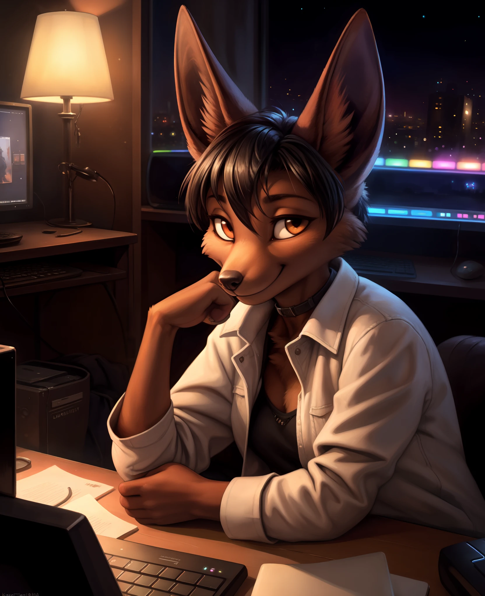 by kenket, by totesfleisch8, (by thebigslick, by silverfox5213:0.8), (by syuro:0.2), (by qupostuv35:1.2), (hi res), ((masterpiece)), ((best quality)), illustration, furry ,anubian jackal, animal ears, body fur, 1girl, solo, black hair, looking at viewer, smile, female, ((jackal girl)), young adult, room and city, (((night, RGB lights, warm colors, lofi))), ((room with computers)), screen lights, toned body, choker, chill pose, jacket and jeans, tomboy clothes, femenine clothes, lofi 8bits, furry anthropomorphic jackal, furry jackal nose, ((black fur)), FurryCore, FurryAnime