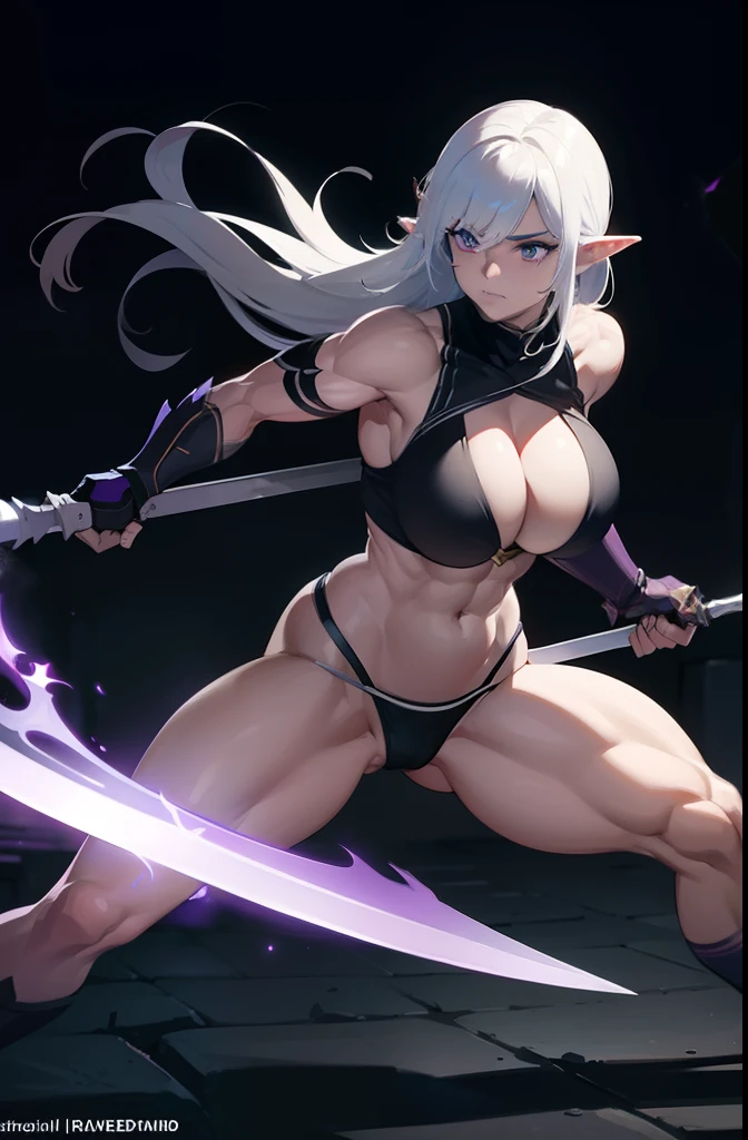 A beautiful athletic dark elf, fit muscular ripped body, big breasts, White colored hair, wielding a long sword, fighting stance, underdark fantasy art, ambient purple light source, studio lighting, highly detailled, best quality, masterpiece, 8k