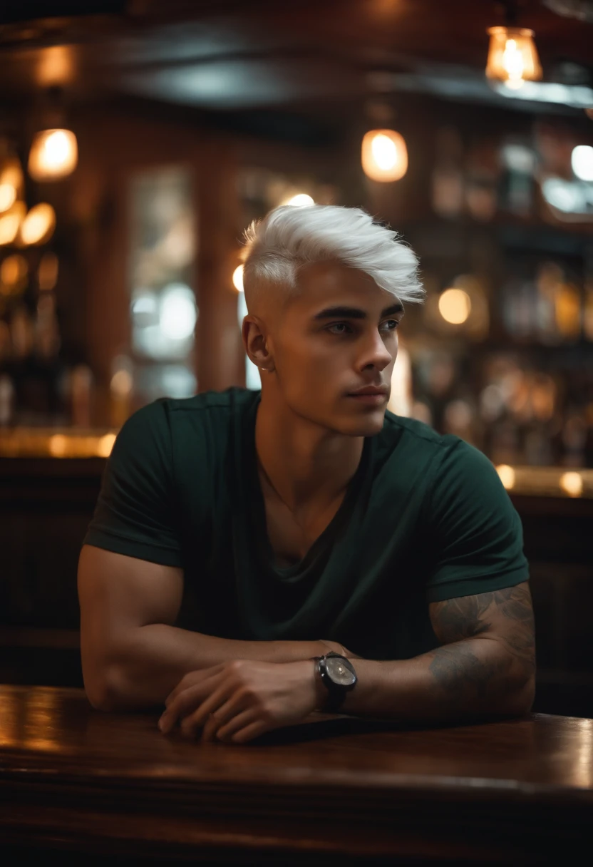 a 25 year old young man, in front of a bar, t-shirt, military-style white hair, looking directly at the camera, close-up, hd, 8k