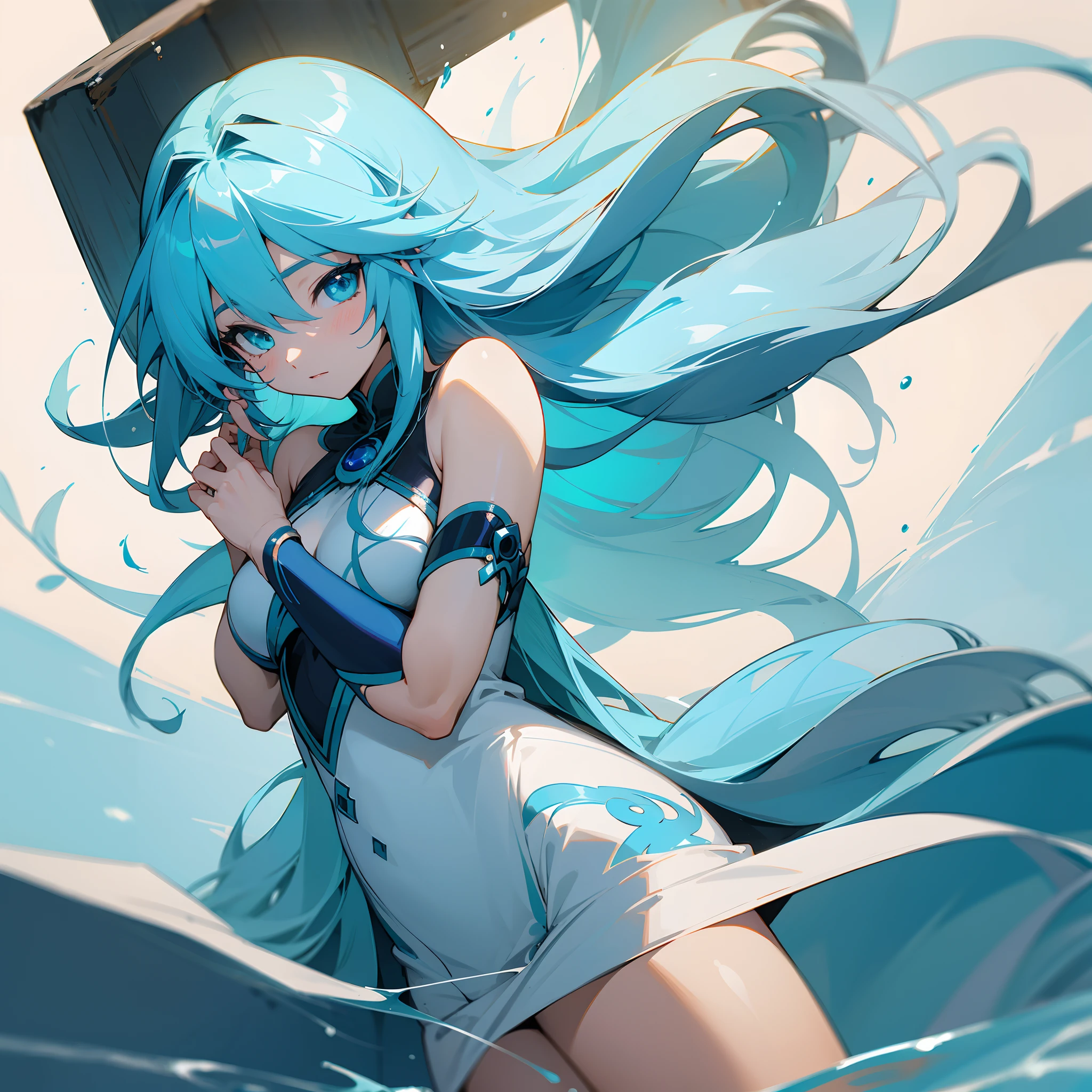 [Anime 1.5], [Water Goddess 1.5], [Aqua], [God's blessings on this wonderful world], Long Blue Hair, Beautiful and Elegant, Solo girl, Automatically ultra-accurate hand depiction