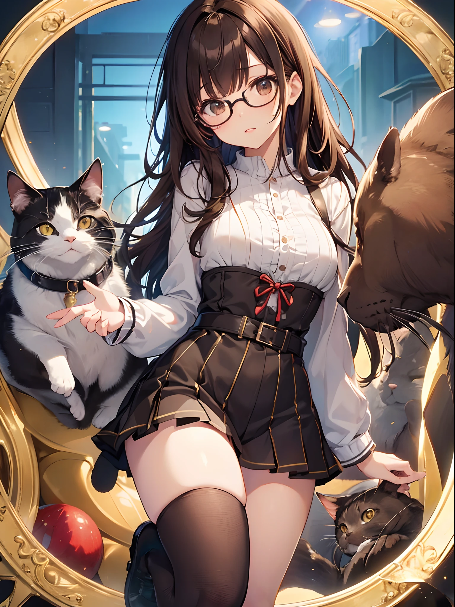 1人の女性、brown haired(Curta)、Brown eyes、Black-rimmed glasses、 Best Quality、ultra-detailliert、8K resolution、Raw photo、masutepiece、gorgeous faces、Perfect body、Frolic with cats