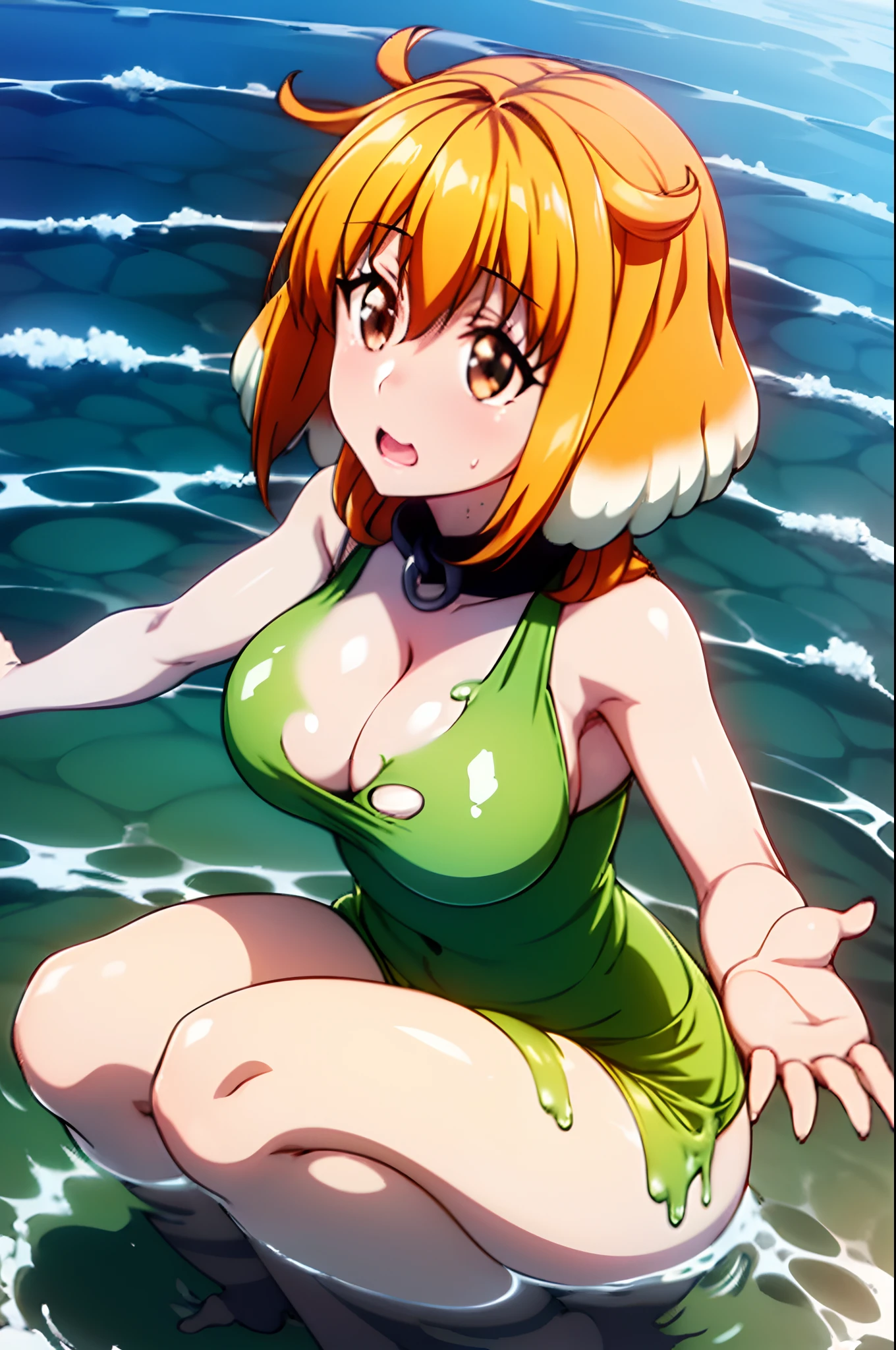 ((masutepiece)), ((Best Quality)),bare-legged,crouching down,spreads both leg,Raise your arms up,Wearing slime,Torn pink clothes,Blond hair,Brown Eyes,short-hair,big eye,Face uplifted,Perfect figure,Estrus face,Bathing at the water's edge,