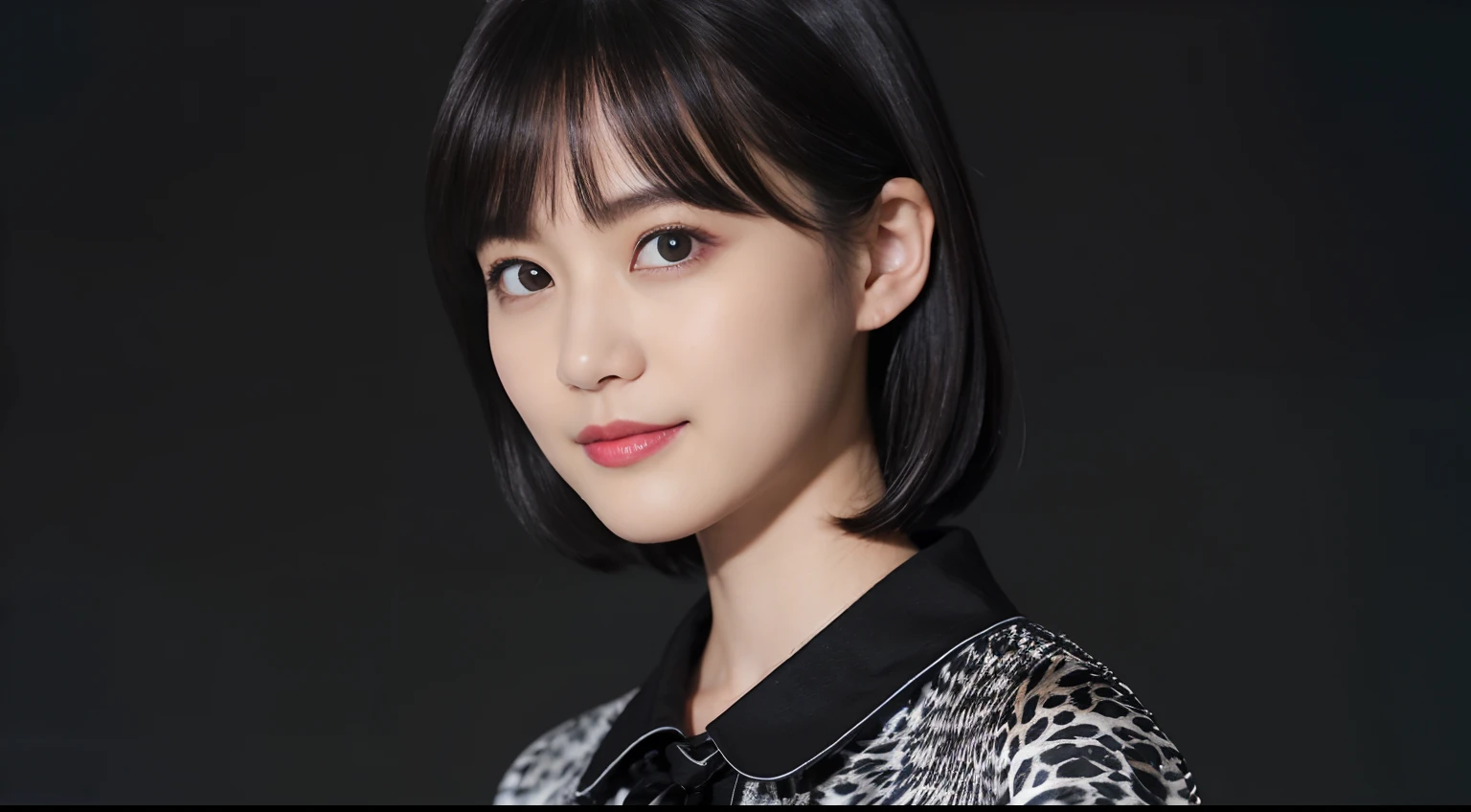 ((1womanl)), (((Black shorthair))), (masuter piece:1,3)、top-quality、masterpiece、hight resolution、Original、highly detailed wallpaper、jeans、(Tie your hair with a large ribbon), (A slight smil)、a small face、((Full breasts))、(Graphic T-shirt with animal characters printed)、(Light on Face)、Live-action style, Beautiful facial features, darkened room, full-shot, full length