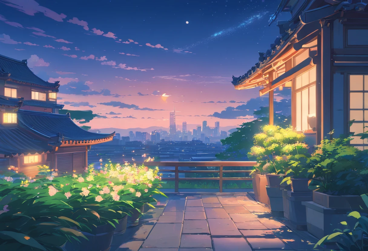 Best quality at best,tmasterpiece,The is very detailed,Face details,8K, detailed back ground,Sleeping blonde girl,There are no characters,There are no humans,There are no characters,There are no roles,Pure landscape view,独奏,Chinese city,Chinese service,the night,themoon,scenecy,high place,horizon,ventania,wind blown,flowerbed