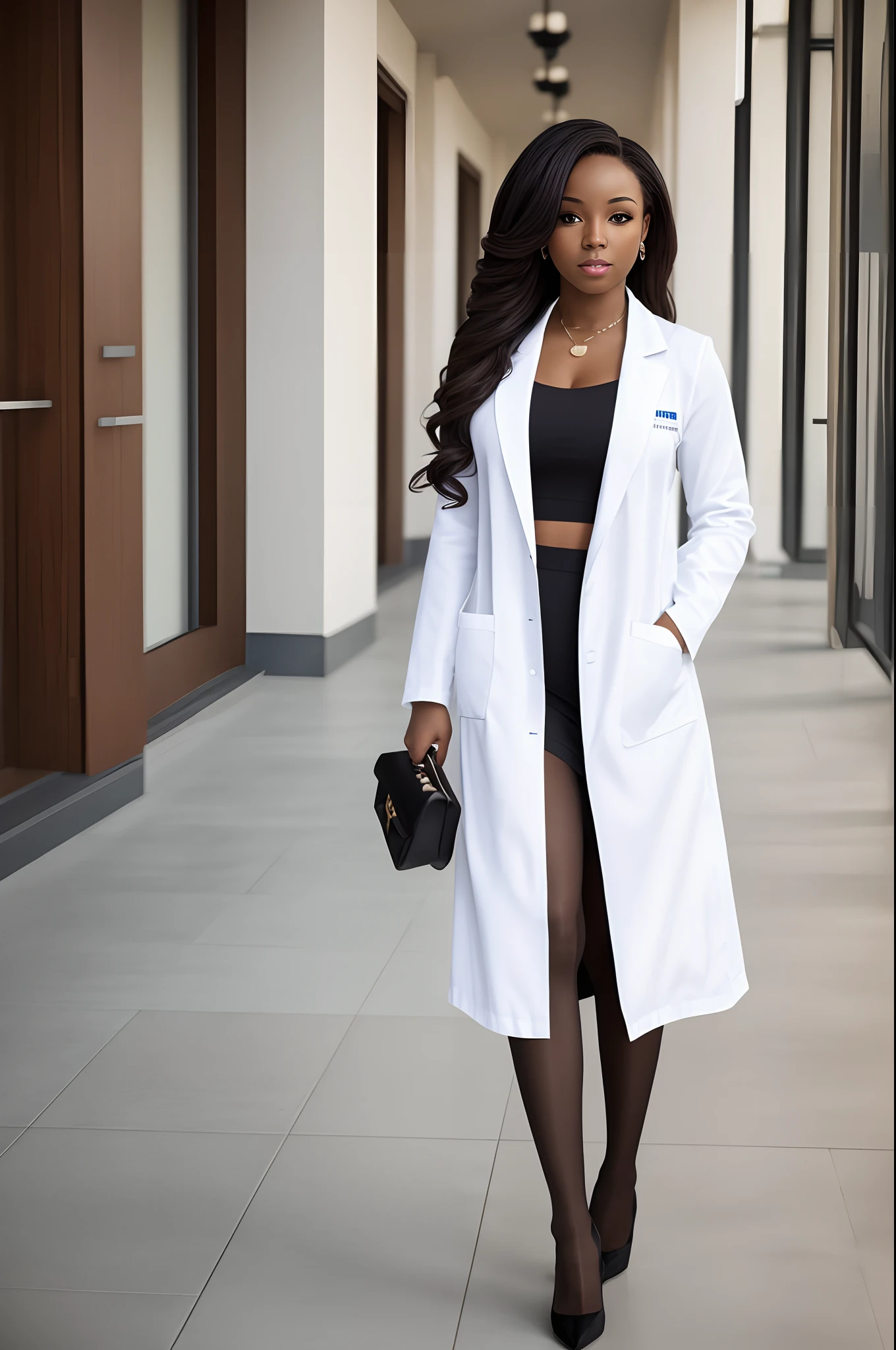 high quality, masterpiece, color photo,photo reality, black woman, 1female, female doctor, White coat, black pantyhose, high heels, fullbody