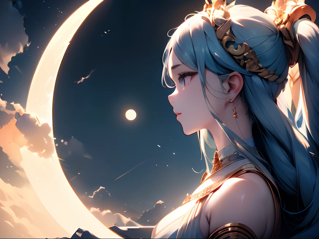 Profile of the goddess of the moon、masterpiece、highcontrast、cinematlic lighting、Detailed shading、top-quality、Top image quality